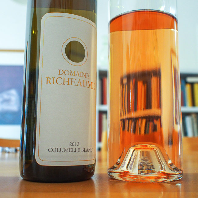 Photo of a bottle of the 2012 Columelle Blanc sitting next to you the elusive Richeaume rose
